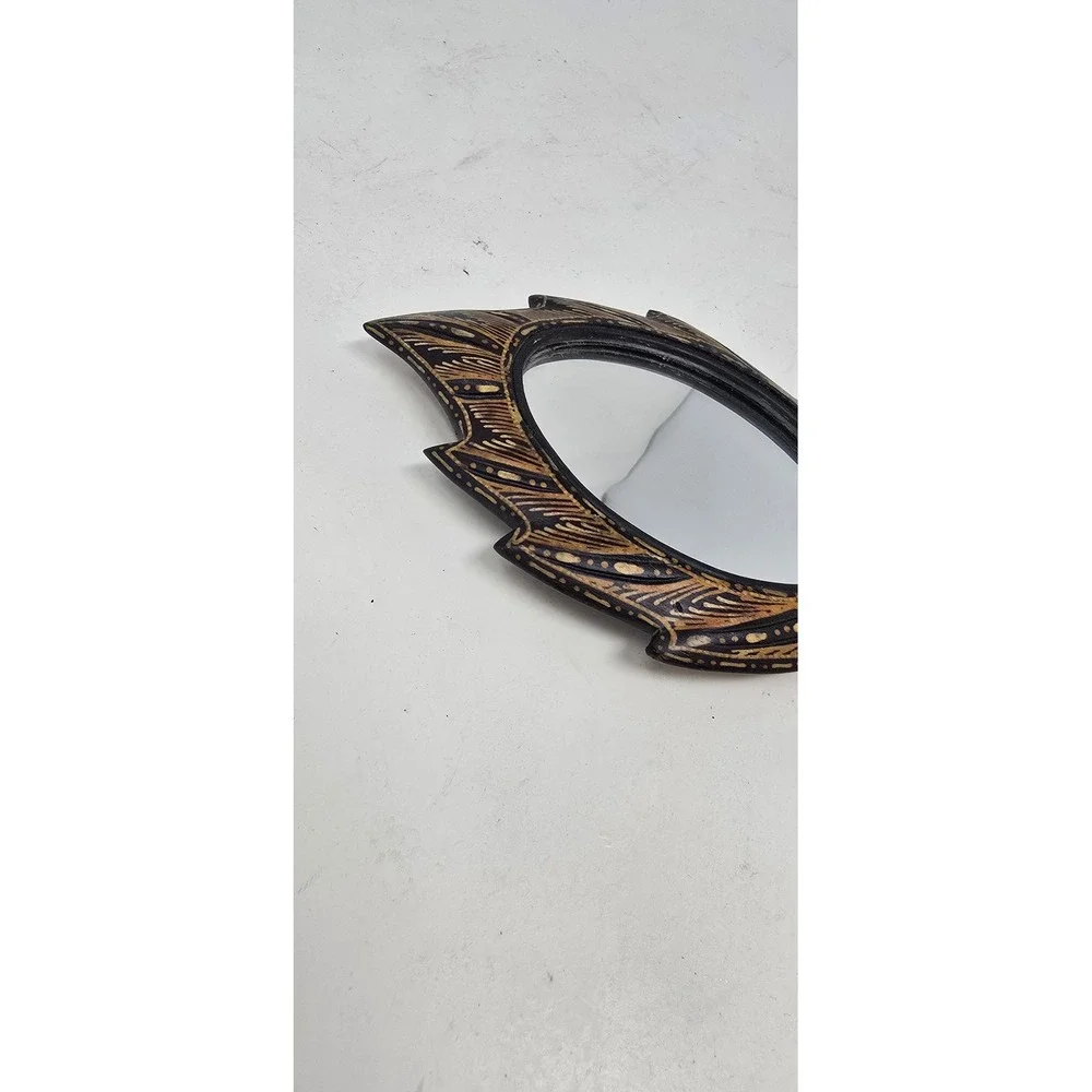 Vtg handheld mirror carved wood Asia Africa tribal earthy boho hippie folk art